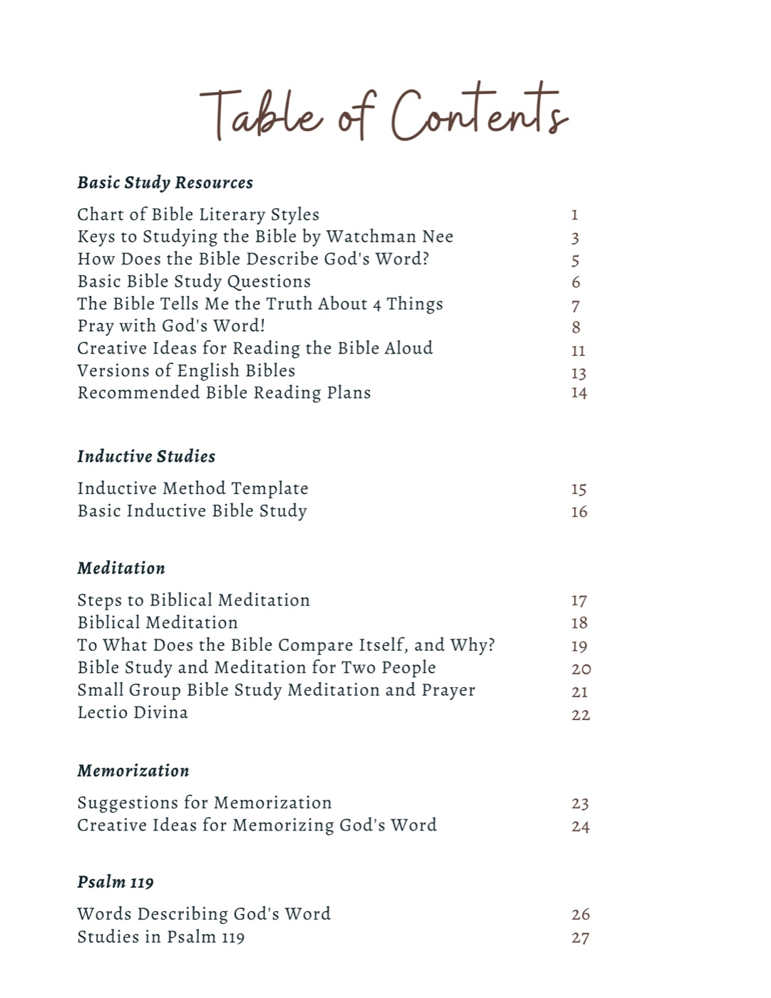 Bible Study Methods — table of contents