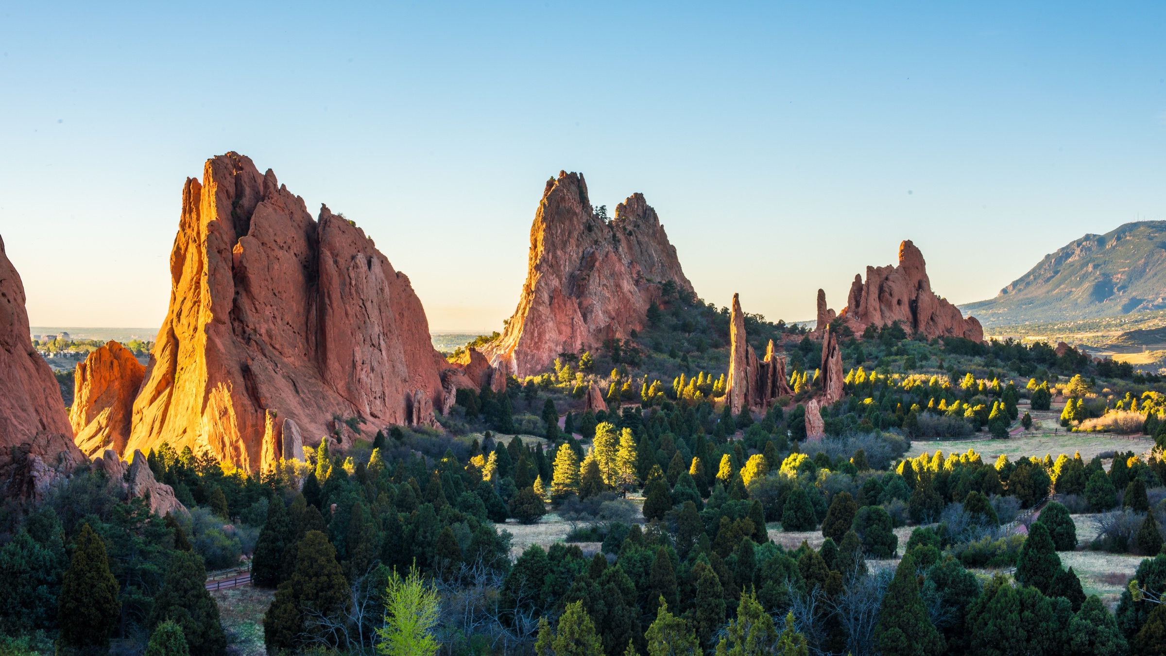 Red rock spires of Garden of the Gods in warm morning light